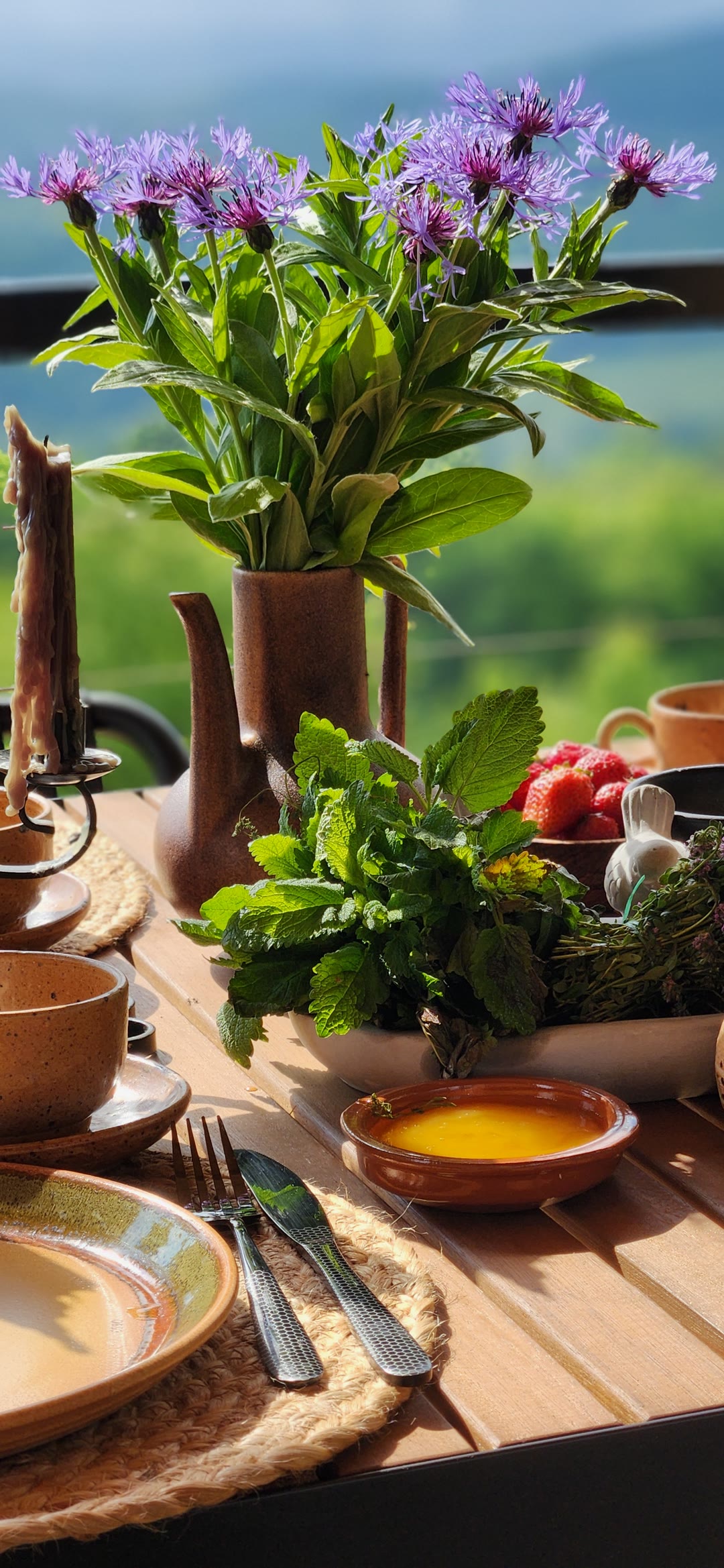 Cornflowers in a clay jug, lemon balm and strawberries on the table outside